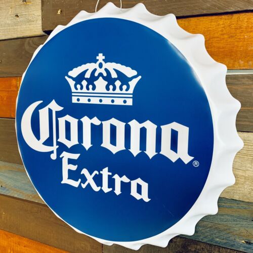 Corona Extra Beer Crown Logo Bottle Cap Shaped Metal Sign Game Room Man Cave Bar