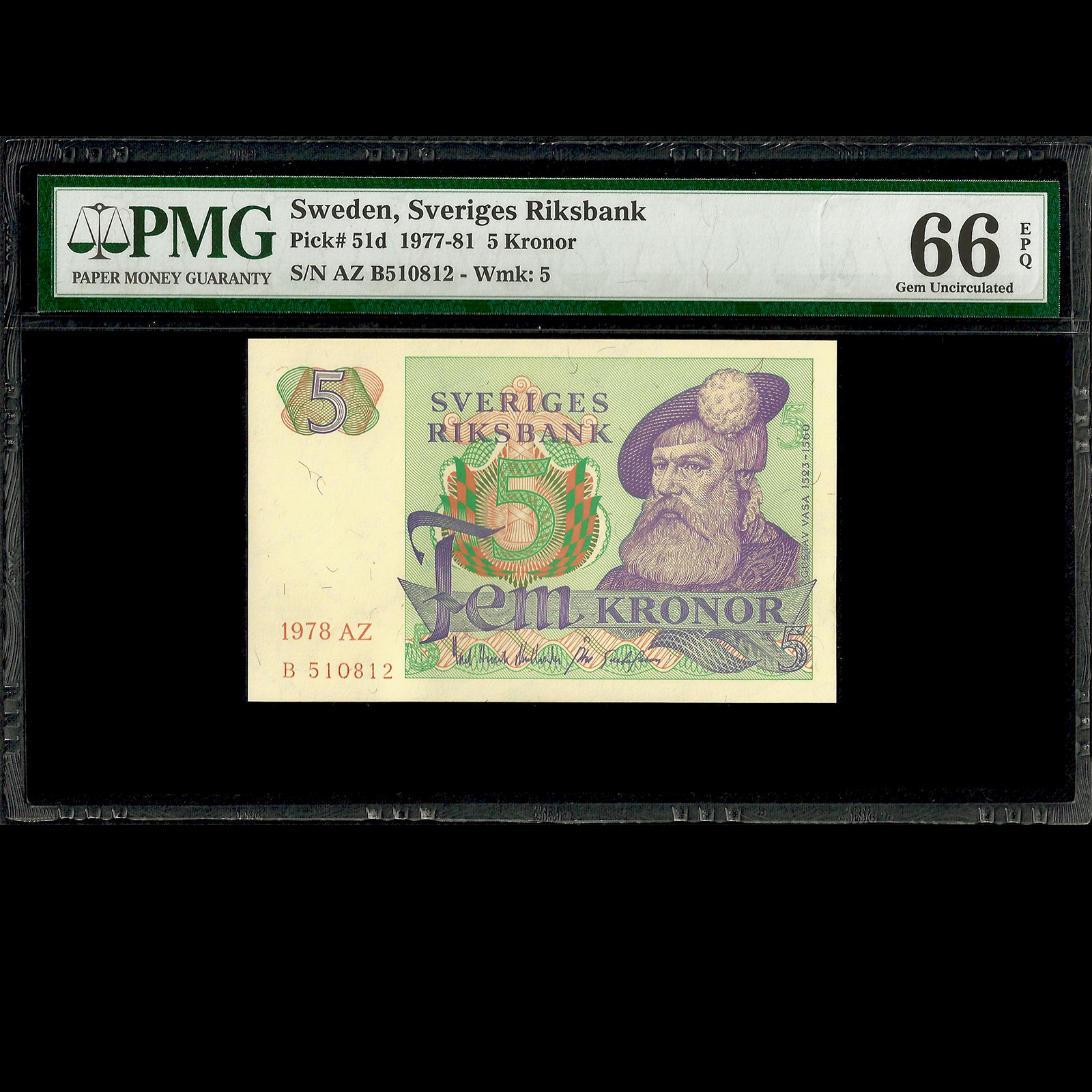 Sweden Sveriges Riksbank 5 Kronor 1978 PMG 66 GEM UNCIRCULATED EPQ P-51d