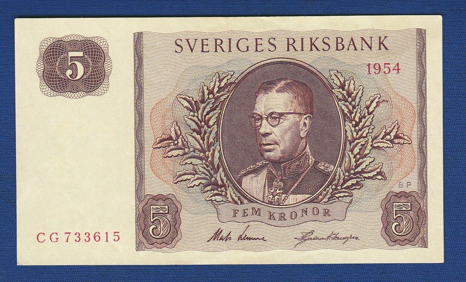 Sweden banknotes, 5 Kronor 1954. SCERIGES RIKSBANK, FEM KRONOR !