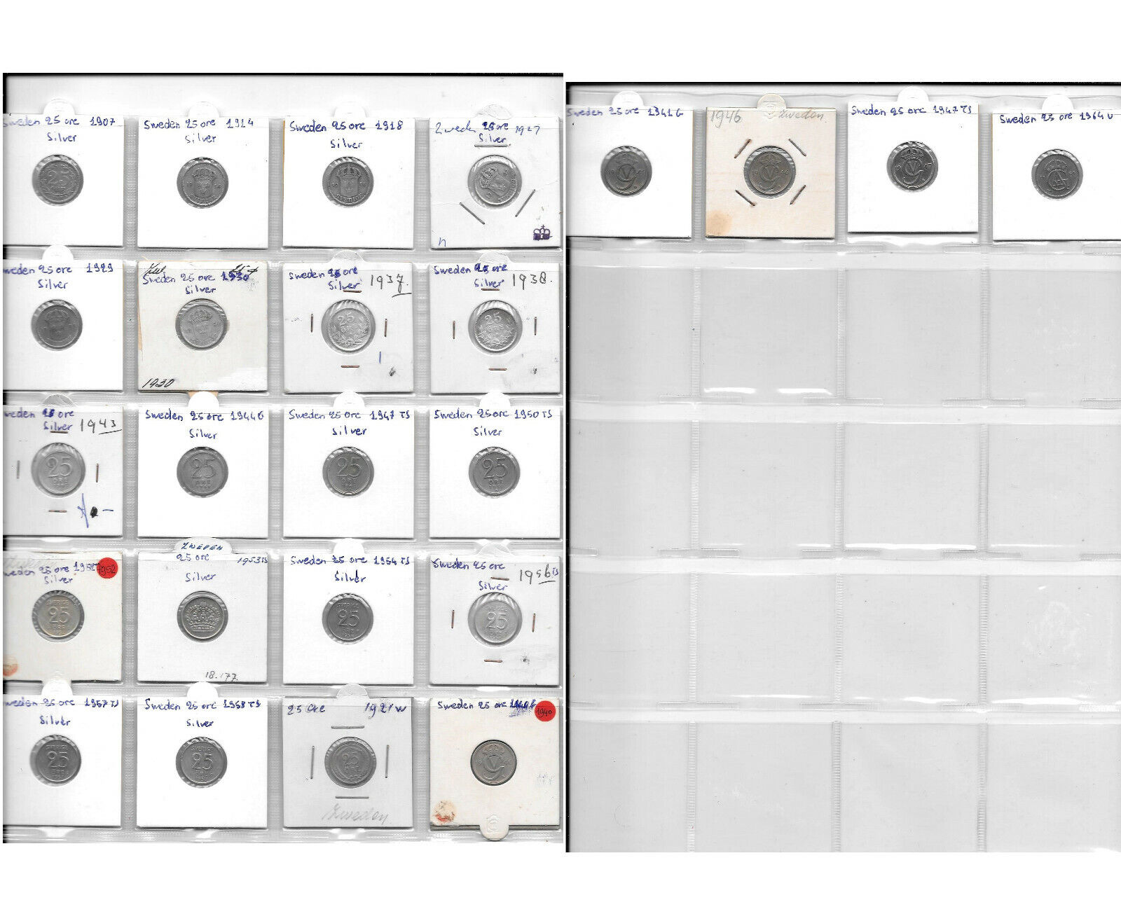 SWEDEN COLLECTION OF 24 DIFFERENT COINS 25 ORE 1907-1964 (18 Silver Coins) 1P.3