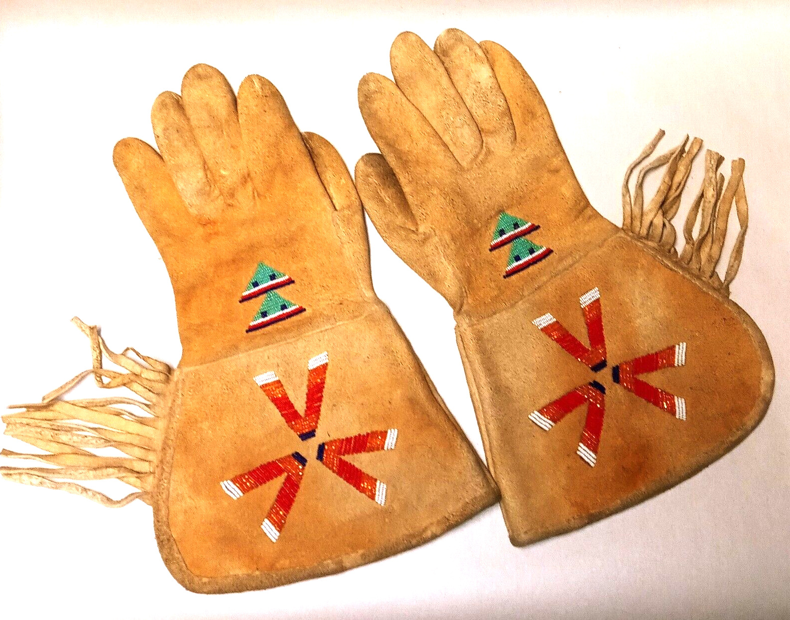 Vintage Native American Ceremonial Micro Beaded Leather Fringed Gauntlet Gloves