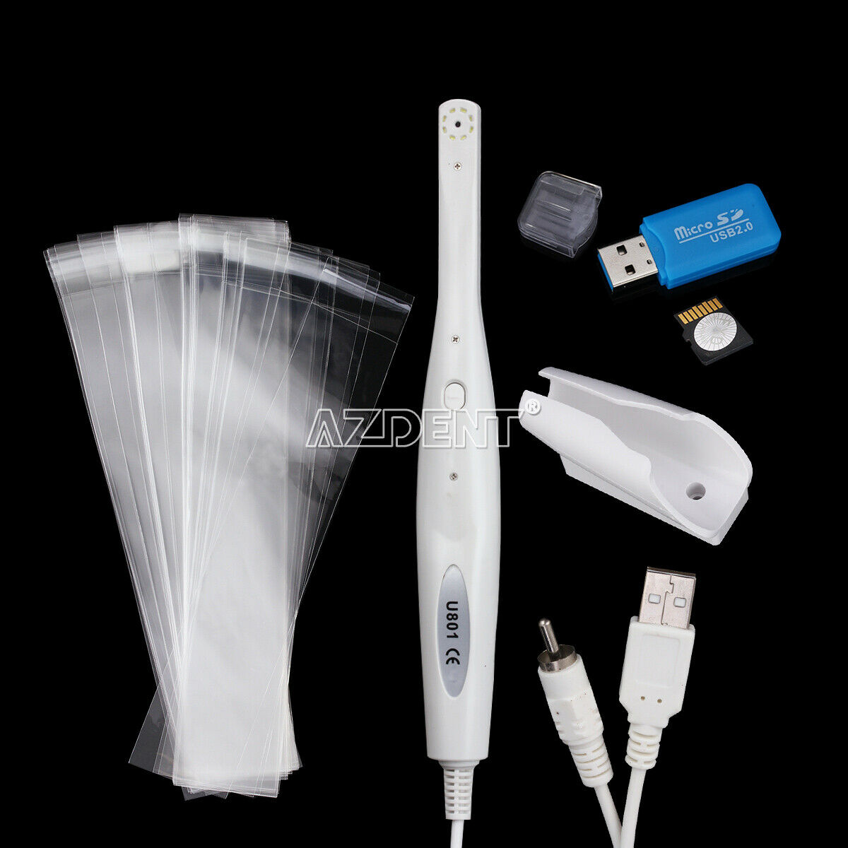 CMOS 1/4 Dental Intraoral Oral Camera 8 LED U801 TV/AV 16GB Card SD 50PCS Sleeve