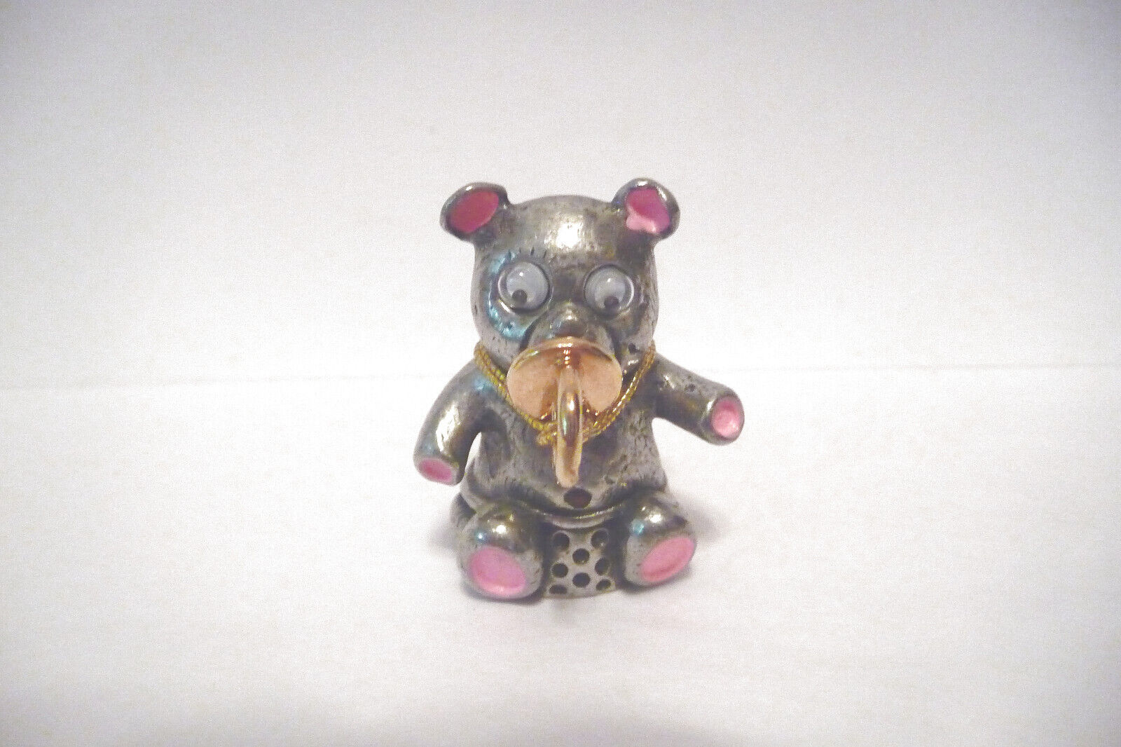 THIMBLE PEWTER TEDDY BEAR W/GOLD-PLATED PACIFIER & IT MOVES, GOOGLY EYES
