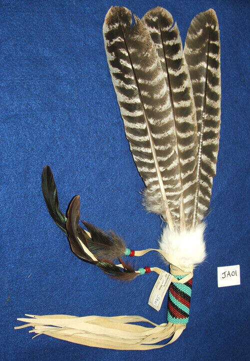3 Feather Fan w Peyote Stitch Beadwork Authentic Native American Regalia JA01