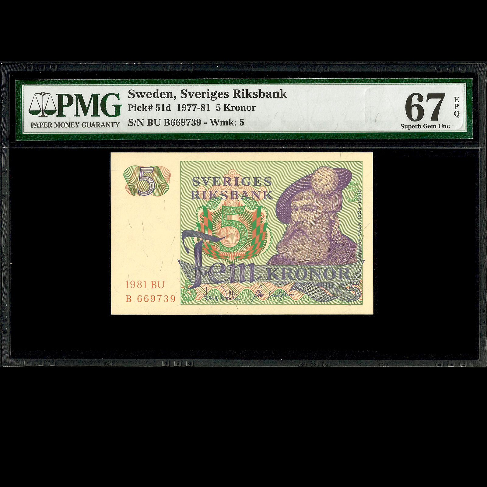 Sweden Sveriges Riksbank 5 Kronor 1981 PMG 67 SUPERB GEM UNC EPQ P-51d