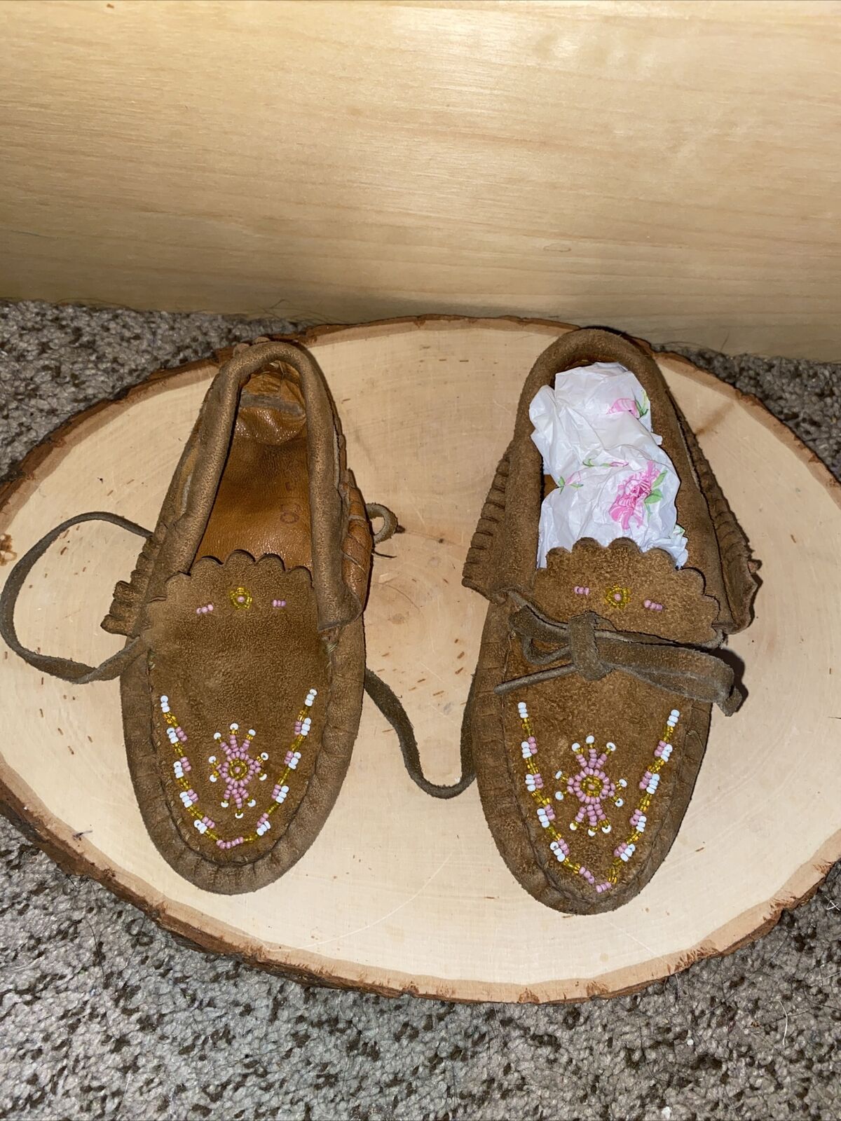 Vintage Handmade Suede Leather Baby Moccasin Shoes Stitched/Beaded/ Scalloped