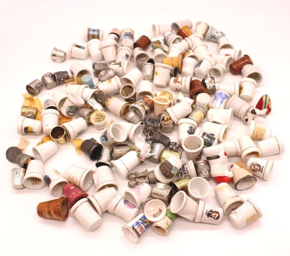 Vintage thimbles lot 128ct mixed pewter glass collectable states
