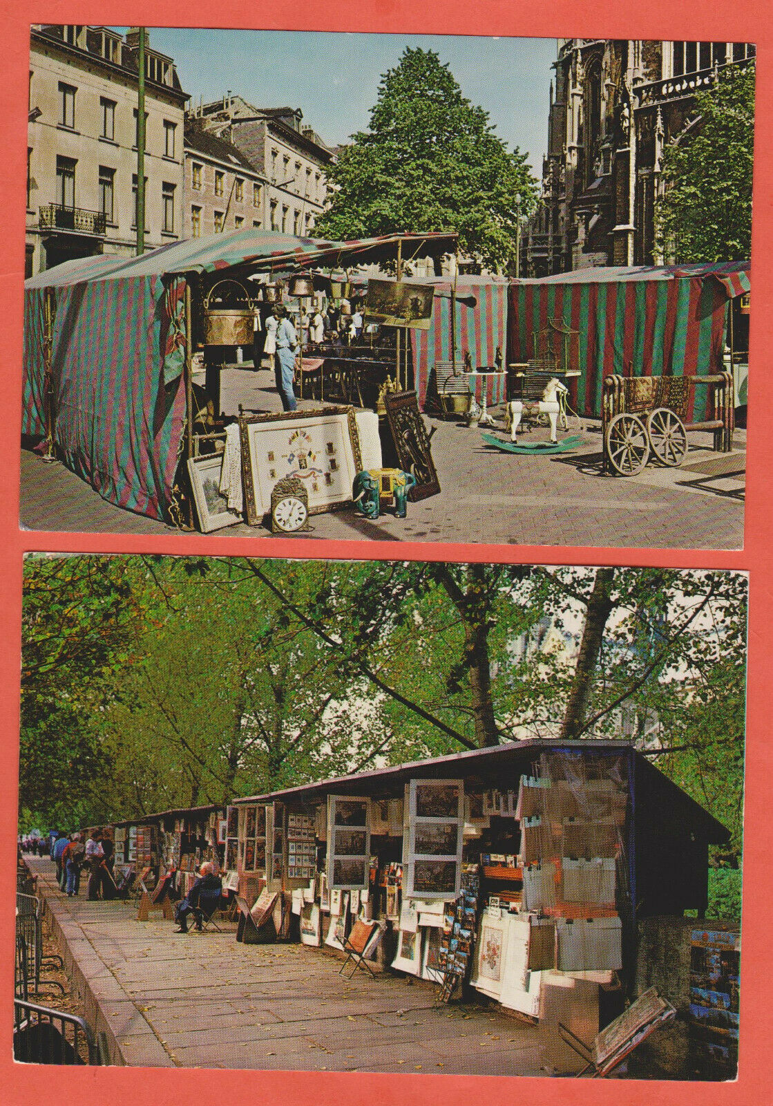 set of 2 postcards Flea Markets in Europe, Brussels and Paris