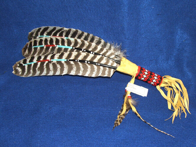 Painted Turkey Wing Fan w/ Peyote Stitch Beadwork Native American made New RC02